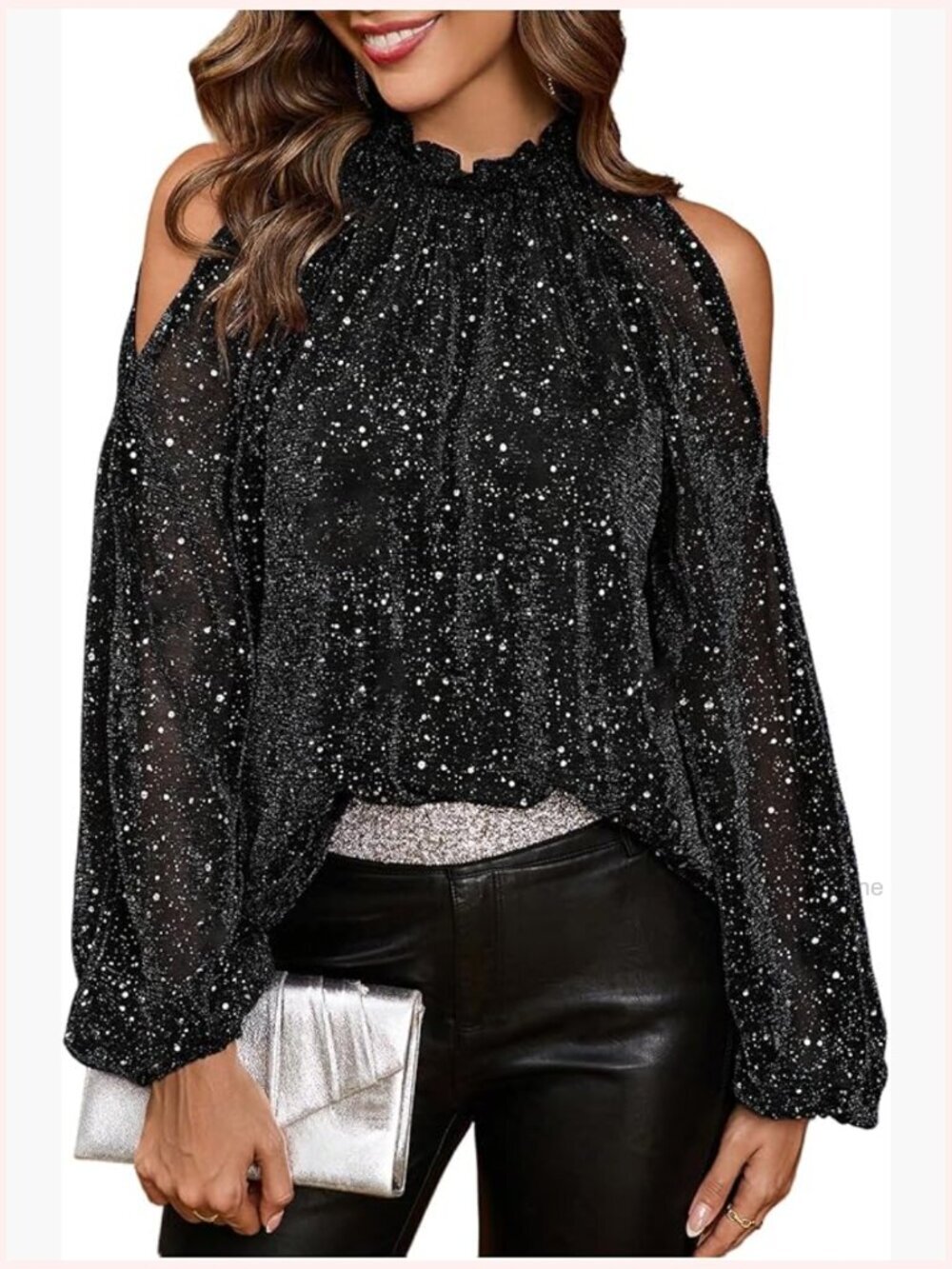 Long Sleeve Cold Shoulder Blouse Mock Neck Sheer Party Top